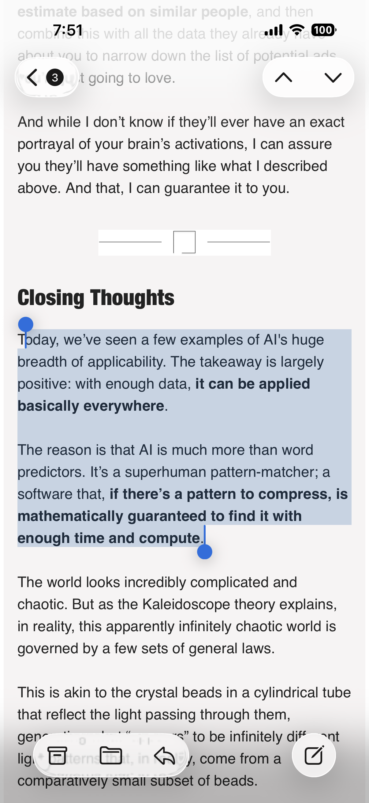 Screenshot of highlighted text arguing that AI can find compressible patterns with enough time and compute.
